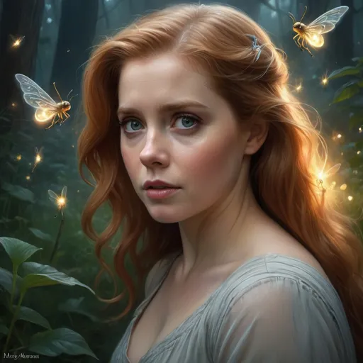 Prompt: Amy Adams staring into the camera, misty wisps, fireflies, Lilia Alvarado, Sophie Anderson, Mark Arian, Bob Byerley, Charlie Bowater, Mark Brooks, Steve Henderson, Justin Gerard, Arthur Hughes, Edward Robert Hughes, Mark Keathley, Victor Nizovtsev, Carlos Shwabe, Ross Tran, WLOP