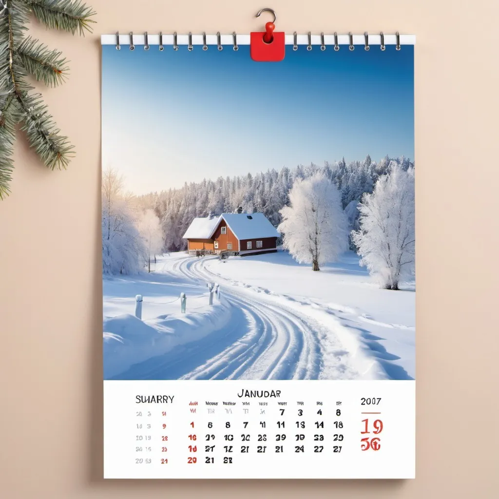 Prompt: a calendar with a beautiful winter landscape