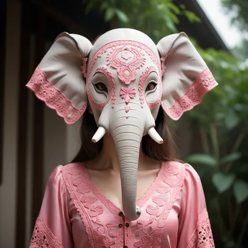 Prompt: A high-quality, ultra-detailed color RAW photo capturing a strikingly photogenic 3D printed elephant mask, curiously adorned with pink embroidery and crochet patterns blanketing its cartoonish mouth. Beneath it all, a realistic and elegant silk blouse sumptuously decorated with puffy sleeves in warm hues is the focus, enveloped in a modern life influenced setting. The image is taken in amidst