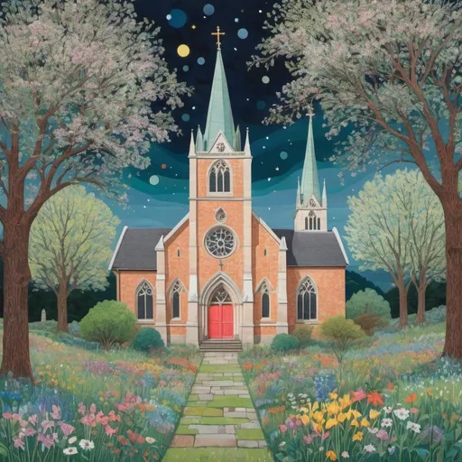 Prompt: an artwork depicting a church with beautiful bioluminescent neon stained glass windows, in the style of lucy grossmith, kitsch aesthetic, jonas lie, bright palette, rui palha, meticulous details, nabis, Olivia Gibbs, in the style of bold patterned quilts, soft yet vibrant, cute and dreamy, pattern-based painting, bright spring colors, windows vista, quirky characters and objects, use of vintage imagery, Victoria Ball