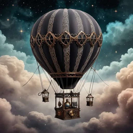 Prompt:  Steampunk-inspired hot air balloon, black-tinted with intricate lace details, suspended amidst a star-kissed expanse of a nebula sky, chiaroscuro, digital painting, vorticist style, ultra high definition, moody color palette, ultra-fine highlights, dramatic scenery, volumetric clouds in the background.