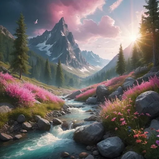 Prompt: (Mountain summer Alpine forest, colorful, winding stormy mountain river with rapids, a variety of beautiful flowers, trees, birds pink sunrise, feathery clouds): the effect of broken glass, stunning, something that does not even exist, mythical creature, energy, molecules, textures, iridescent and fluorescent scales, breathtaking beauty, pure perfection, divine presence, unforgettable, impressive, stunning beauty, volumetric light, auras, rays, bright colors reflection, beautiful detailed, intricate, insanely detailed rendering with an octane number, trending on art station, 8k art photography, photorealistic concept art, soft natural volumetric cinematic light, a masterpiece of complex artistic work, ultra-high quality, highly detailed, bright colors, perfect composition, golden ratio, divine perfection, masterpiece.Greg Rutkowski, ultra hd, realistic, vivid colors, highly detailed, UHD drawing, pen and ink, perfect composition, beautiful detailed intricate insanely detailed octane render trending on artstation, 8k artistic photography, photorealistic concept art, soft natural volumetric cinematic perfect light
