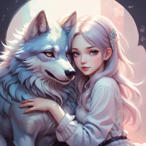 Prompt:  cute anime girl  with your wolf On your lap  , Soft Lighting, Intricate, Pastel colors, Digital painting, Artstation, Dreamlike, Whimsical, art by loish and sakimichan and mandy jurgens.