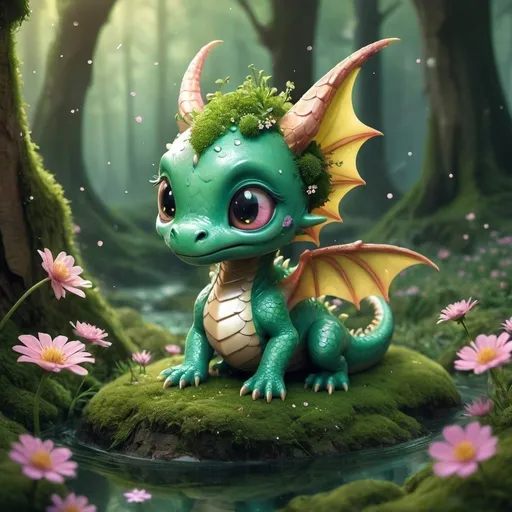 Prompt: ("Kawaii chibi moss-dragon in an enchanted forest, dissolving into glitter and clover flowers :: water dripping"), adorable baby dragon, cute style, surreal fairytale concept art, by amy sol, mark ryden, Alberto Seveso, Cyril Rolando, Dan Mumford, Carne Griffiths, chris rallis and magali villeneuve, Meaningful Visual Art, Detailed Strange Painting, Digital Illustration, Unreal Engine 5, 32k maximalist, hyperdetailed fantasy art, 3d digital art, sharp focus, masterpiece, fine artm DragonConfetti2024_XL,disney pixar style