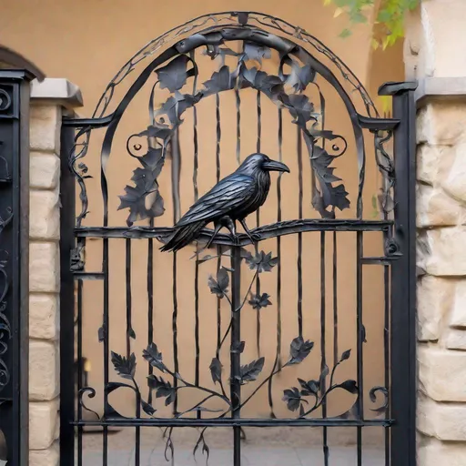 Prompt: A raven, a bird made of metal, woven into the wrought iron gate guarding the entrance to the property. Decorative, forged gate elements in the shape of branches, leaves and fruit.