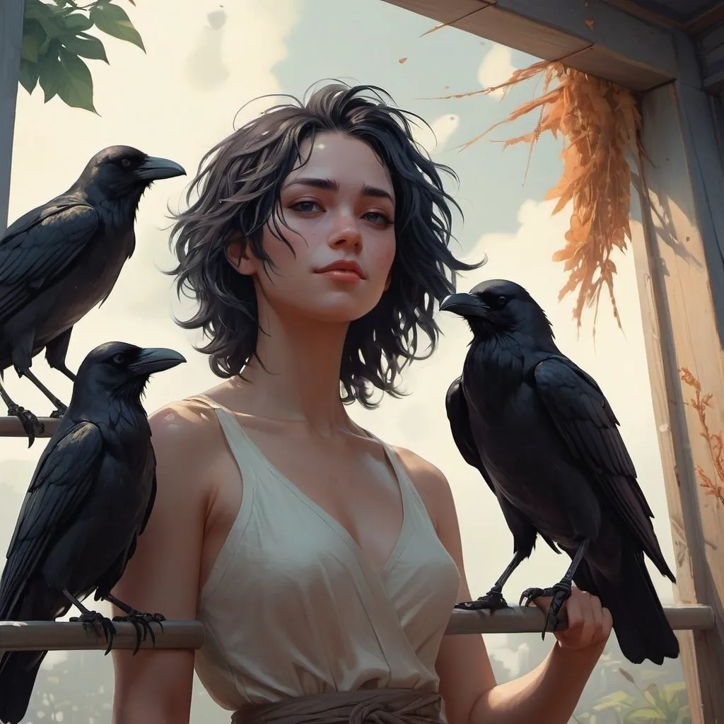 Prompt: The crow laughed and said, "Yes bird, there is no doubt about it. The real good fortune lies in friendship."
, unreal engine, greg rutkowski, loish, rhads, beeple, makoto shinkai and lois van baarle, ilya kuvshinov, rossdraws, tom bagshaw, alphonse mucha, global illumination, detailed and intricate environment