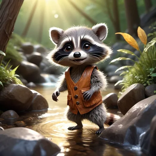 Prompt: Summer szene: Create a heartwarming and adorable illustration of a tiny cute adorable baby racoon in a magical wood trying to face a rocky stream, intricate details, volumetric lighting, sunbeams, 8k, uhd, hdr, sharp focus, portrait, pixar style character, anime style pokemon, 3d rendering, octane renderer, warm colors, watercolor style, masterpiece perfect for a storybook, the Image should capture the heart of the adult viewer