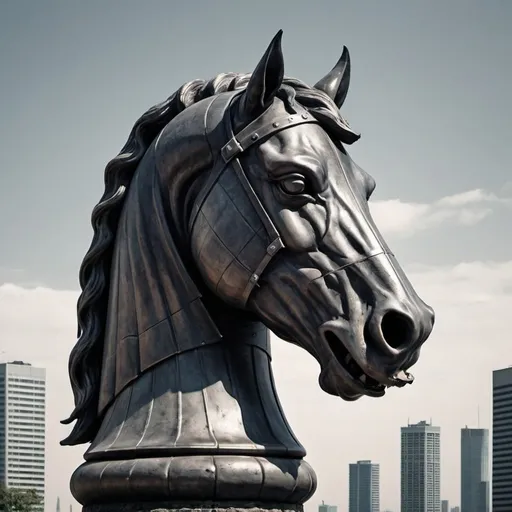 Prompt: Giant Horse's Head And Neck Chess Piece Knight Giant Crushing City