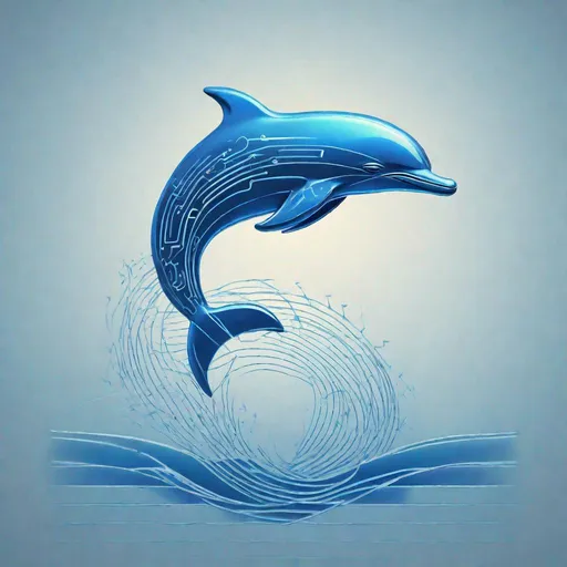 Prompt: "Modern logo design of a digital dolphin leaping gracefully over waves, with a sleek, futuristic aesthetic. The dolphin is stylized with digital circuit patterns etched onto its body, glowing with a soft blue light. The waves beneath are stylized with simple, flowing lines, hinting at movement, while also resembling electrical currents. Type of Image: Digital Illustration, Art Styles: Minimalistic, Futuristic, Art Inspirations: Apple's sleek design aesthetics, Camera: Front view, Shot: Medium shot, Render Related Information: High resolution, professional, clean lines, and sharp focus with a resolution of 4K. The lighting should be soft and natural, highlighting the digital patterns on the dolphin's body."