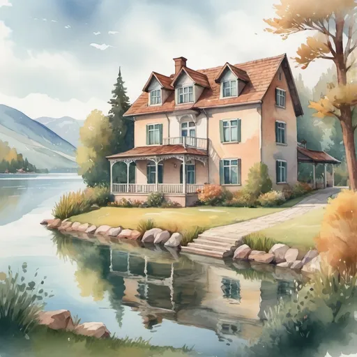 Prompt: strybk, a picture of a beautiful  house with a view of the lake
"A PICTURE like an oil painting", kids story book style, muted colors, watercolor style