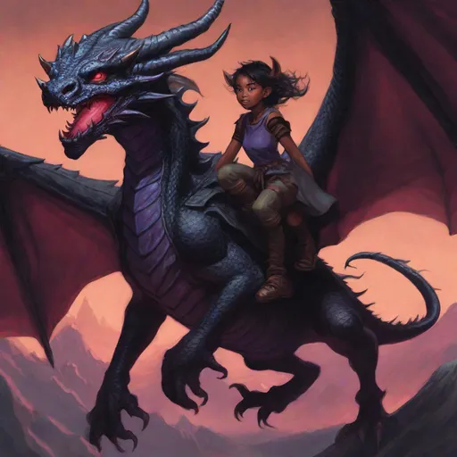 Prompt: manga art, digital painting,

A young female tiefling takes her first ride on a young domesticated dark charcoal dragon, 

cute, deep colors, detailed, realistic, SNES feel, style of manga,
fantasy, D&D, DnD, Pathfinder,