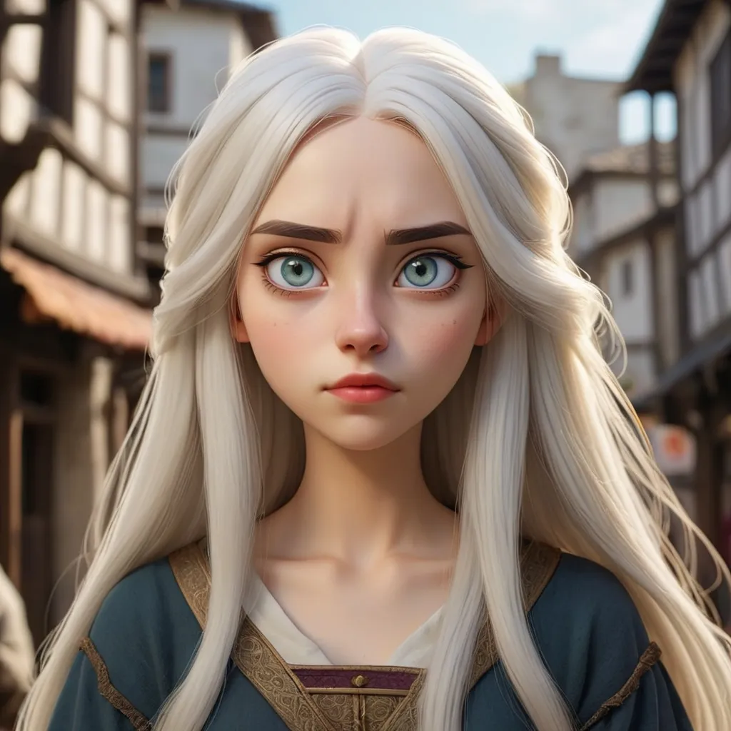 Prompt: beautiful 20 year old women with white hair, white eyebrows, light skin, realistic, ultrarealistic, high quality art, bright eyes, long hair, beauty, real, long hair, symmetrical, anime wide eyes, fair, delicate, medieval, standing on a busy street of an ancient city