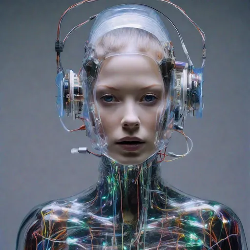 Prompt: portrait Photography, in front of a black wall, a cyborg astronaut woman head without body, connected by cables and wires and LED, an attractive transparent iridescent plexiglass body punk PLC Robots with plexiglass motor head, with ray guns, 80 degree view, art by Sergio Lopez , Natalie Shau, James Jean and Salvador Dali