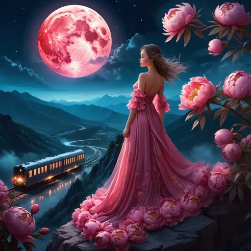 Prompt: computer graphics, night., peony flowers, a girl in a long flowing dress with a train with many frills stands on a peony branch, on top of a mountain ledge against the backdrop of hills and peony flowers. glitter, wind, big red moon beautiful illuminated clouds, blue. mystical moonlight . fantasy landscape. bioluminescence, magical, fabulous, digital painting. high resolution.
