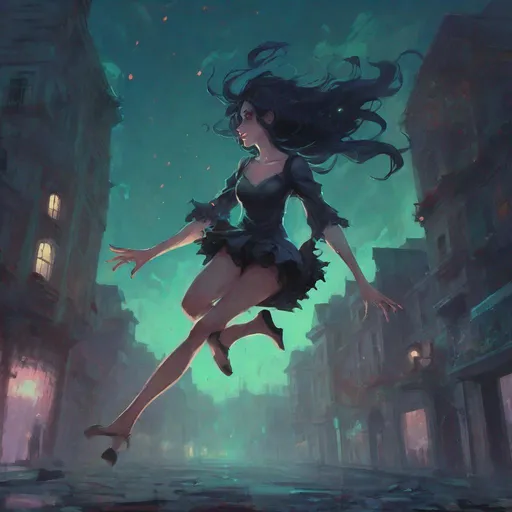 Prompt: beautiful succubus, legs showing, arms showing, jumping, fragonard, pixar, glowing eyes, dusk, Gothic, pale green skin, night sky, city, bioluminescent, wearing tattered clothing, blood, blood spatter, galaxy, backlit, glowing, delicate, peach, indigo, teal, grey, black, soft, straight hair, long hair, ethereal, dark night, luminous, 3D lighting, soft light, detailed face, realistic face, HD,  yellow school bus, ((bouncy castle)), ((jumping)), jump