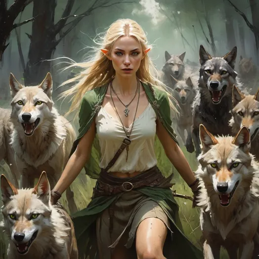 Prompt: beautiful female nordic elven druid with green eyes and elvish pointy ears leading a small pack of brown wolves, charging into battle, long blonde braided hair, necklace, wind, forest, grass, summer, looking into camera,

dramatic lighting, dark atmosphere, textured Speedpaint, masterpiece, ((rough brush strokes)), (paint splatter on background), (by Jeremy Mann), by Ismail Inceoglu, oil on canvas, intense gaze, professional, atmospheric lighting, textured, highres, masterpiece, cinematic, oil painting, trending artwork, particles, dramatic