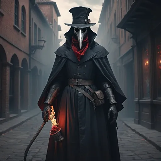 Prompt: plague doctor full body, medival street background. black and red, rose on shoulder, knees bend backwards, blue flame crown hover above head, perfect composition, beautiful detailed intricate insanely detailed octane render trending on artstation, 8 k artistic photography, photorealistic concept art, soft natural volumetric cinematic perfect light, chiaroscuro, award - winning photograph, masterpiece, oil on canvas, raphael, caravaggio, greg rutkowski, beeple, beksinski, giger