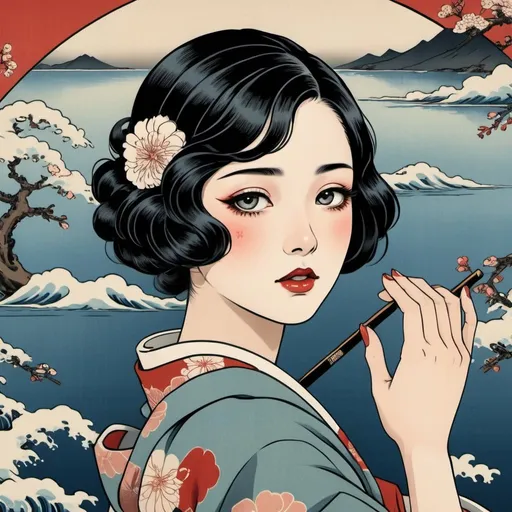 Prompt: ((masterpiece)), ((best quality)), (ultra-detailed), ((extremely detailed)), 4K, (8K), best quality, (beautiful), modern girl (1920s slang), ukiyo-e style, retro art style, beautiful woman, solo, beautiful hair, ((beautiful eyes)), reflection effect, ripples, afterimages,
