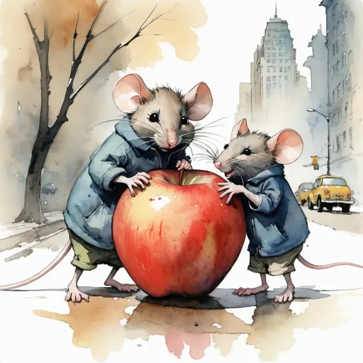 Prompt: cool, nice and cute mice working and helping  together to move a big apple together by Alex Maleev, Quentin Blake, watercolour style