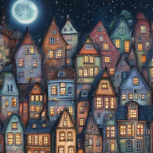 Prompt: Fairy tale German city at night, cityscape close-up, low angle, naive art style, attractive houses in the foreground, inspired by the architecture of old cities in Germany, night starry sky in the background, light in the windows of houses, Soft mysterious 3D lighting, style , inspired by modern European primitivist artists, trendy colors, high detail, colored pencil drawing, oil painting, strong strokes, dripping paint,