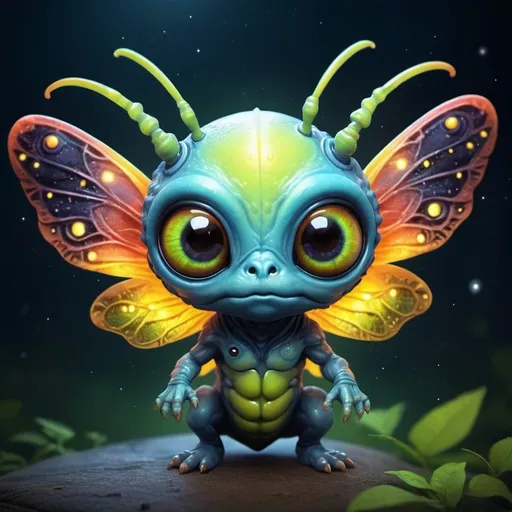 Prompt: Chibi colorful cute hybride creature half alien, half firefly, highly detailed, extremly detailed background, 
