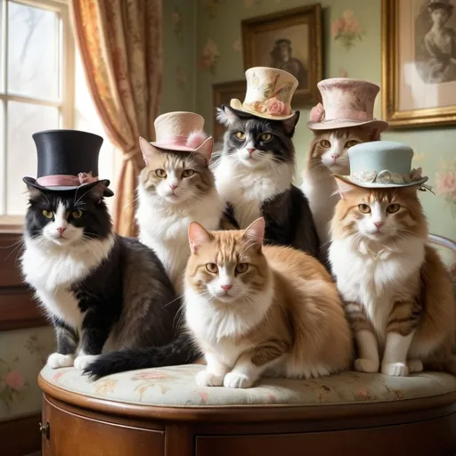 Prompt: Domestic cats modeling an assortment of quaint hats, perched nonchalantly atop their fluffy heads, resting elegantly in a cozy, sunlit living room with pastel wallpaper, vintage furniture creating a nostalgic atmosphere, hats detailed with feathers, ribbons, and buttons, soft shadows playing across their fur, whiskers twitching, eyes gleaming with whimsy, oil painting, golden ratio, dramatic lighting.