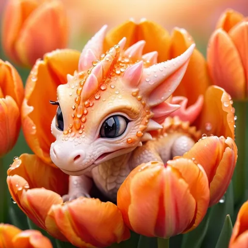 Prompt: Tilt shift: a Breathtaking soft watercolour macro close up of a beautiful adorable sweet delicate baby  baby dragon curled up asleep inside the centre of a tulip! Surrounded by delicate orange tulip petals! dewdrops, sparkling in the orange sunset!! A vast array of shades of orange!!