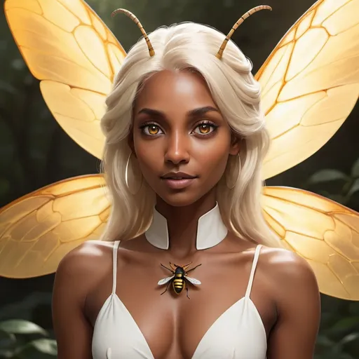 Prompt: enchanting brown skin woman with beige hair, glowing white eyes, and large wasp wings on her back, fully clothed