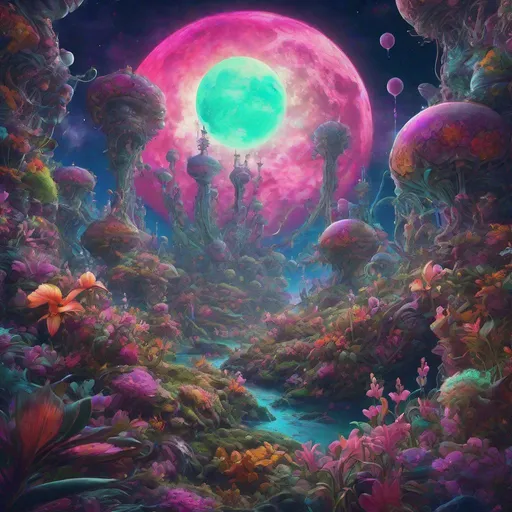 Prompt: 
moon on a strange planet, trending on Artstation, psychedelic art, ultra detailed illustration, intricate vibrant colors, epic illustration, terence mckenna, cute detailed digital art orchider flower, delicate, beautiful, Epic cinematic brilliant stunning intricate meticulously detailed dramatic atmospheric maximalist digital matte painting"