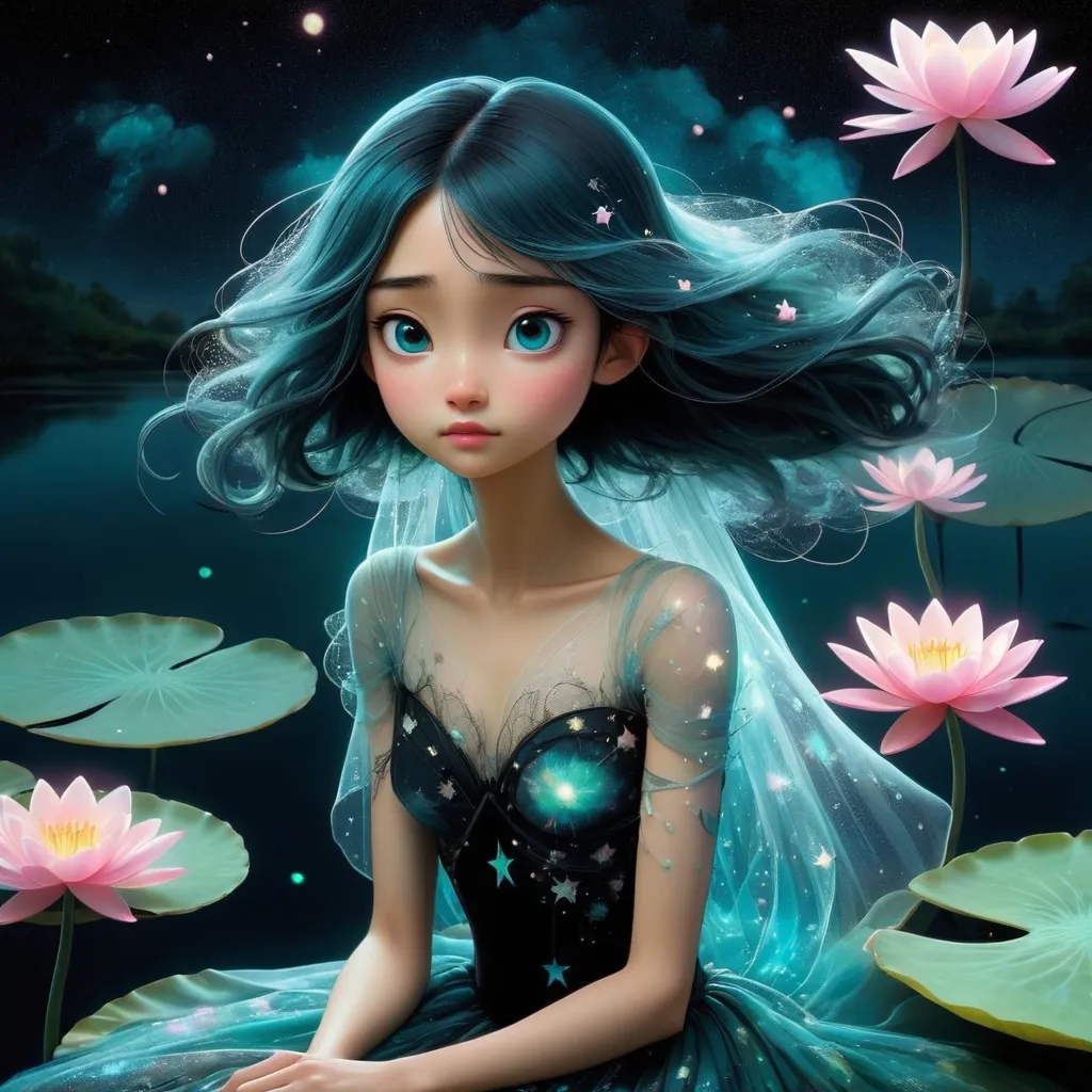 Prompt: beautiful girl, pixar, Yoshitaka Amano, midnight, lake, bioluminescent, veils, intricate frock, stars, silk, lilypads, nebula, galaxy, luminous, soft light, teal, pink, black