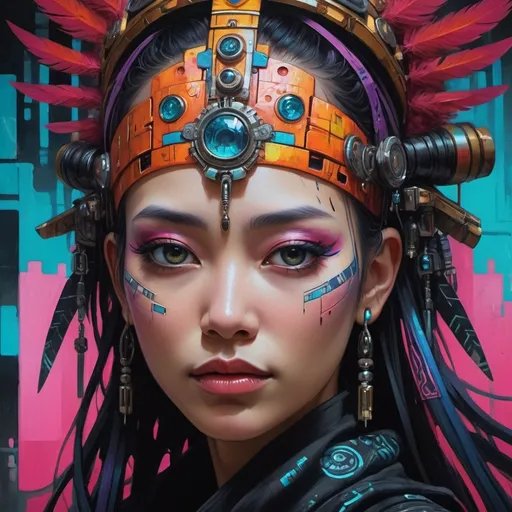 Prompt: a painting of a woman with a headdress and a face painted on it, anime cyberpunk art, intricate vibrant colors, beautiful neuromancer girl, inspired by William Gibson 
, art depicting control freak, asian woman, rich vivid color scheme, character design : : gothic, close-up print of fractured, art on walls, shambala, by Yang Jin, hindu