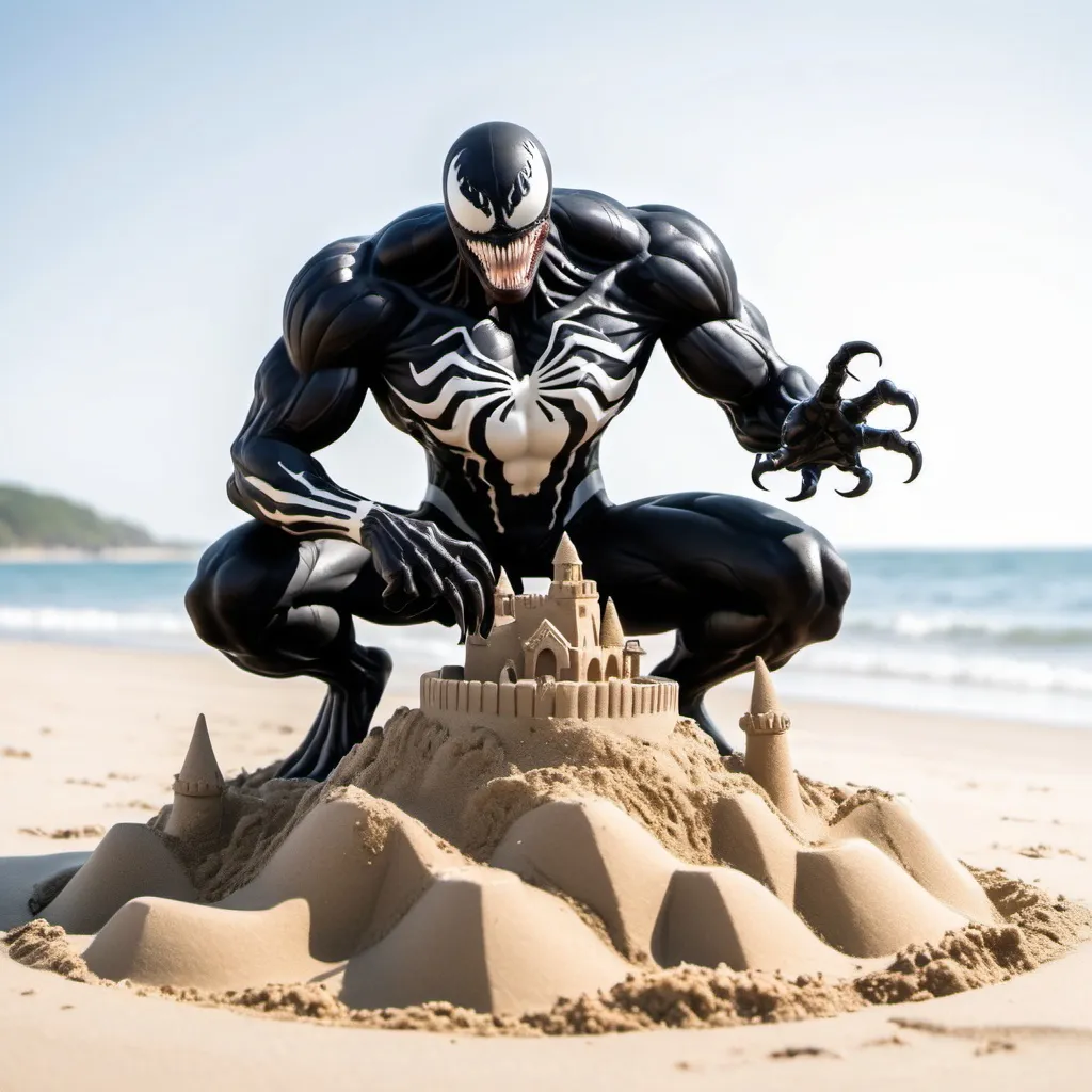 Prompt: Venom Symbiote, making a sand castle,   beach background