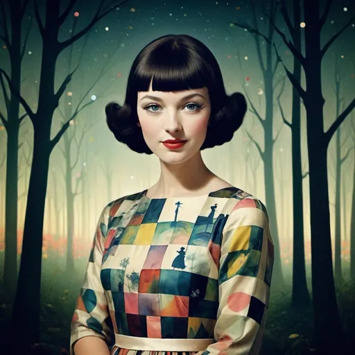 Prompt: Mary Blair, Christoffer Relander, Christian Schloe, Wassily Kandinsky, Eyvind Earle.

Colorful portrait, nighttime, double exposure effect, very beautiful, adorable, fairytale, 1920s vintage style, harlequin pattern, beautiful dress, Wonderland, pop surrealism, white fawn, Paris background, bioluminescence, chinoiserie, coy smile, flirtatious, dark forest.