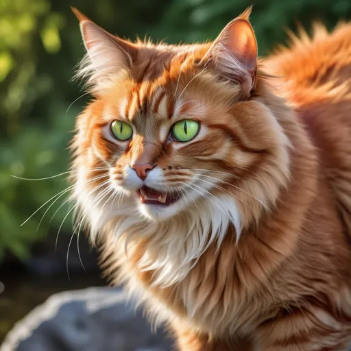 Prompt: warrior cat with {fiery orange fur} and bright green eyes, young male cat, epic anime portrait, beautiful 8k eyes, fine oil painting, intense, lunging at viewer, wearing shiny bracelet, solid red belly, worm's eye view, zoomed out view of character,  (unsheathed claws), visible claws, 64k, hyper detailed, expressive, intense, hissing cat, aggressive, intelligent, lithe, small, covered in scratches and scars, thick billowing mane, glistening golden fur, golden ratio, precise, perfect proportions, vibrant, prowling by a sun-bathed river, hyper detailed, dynamic, complementary colors, UHD, HDR, top quality artwork, beautiful detailed background, unreal 5, artstaion, deviantart, instagram, professional, masterpiece