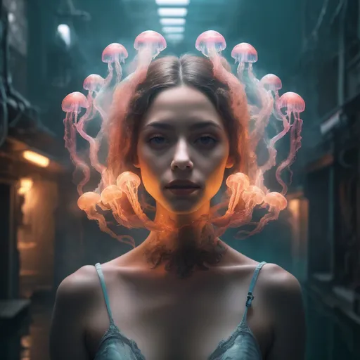 Prompt: Cute Creature. Fine art photography portrait anthropomorphic being (33% beautiful random woman, 33% smoke, 33% neon jellyfish made of smoke), 3d render, cgi, symetrical, raw, octane render, 35mm, bokeh, , hdr, intricate details, hyperdetailed, hyperrealism, soft light, dynamic pose, underwater