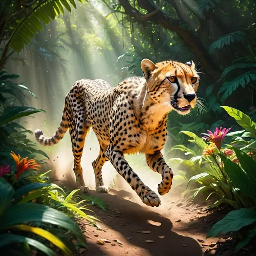 Prompt: Cheetah sprinting through a lush, vibrant jungle, shafts of sunlight piercing the dense canopy, casting dynamic shadows, rich green foliage, exotic flowers exploding with color, high contrast, ultra realistic, octane rendering.