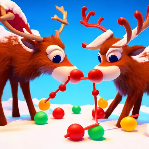 Prompt: Rudolph the Red-Nosed Reindeer eating candy together
  digital illustration