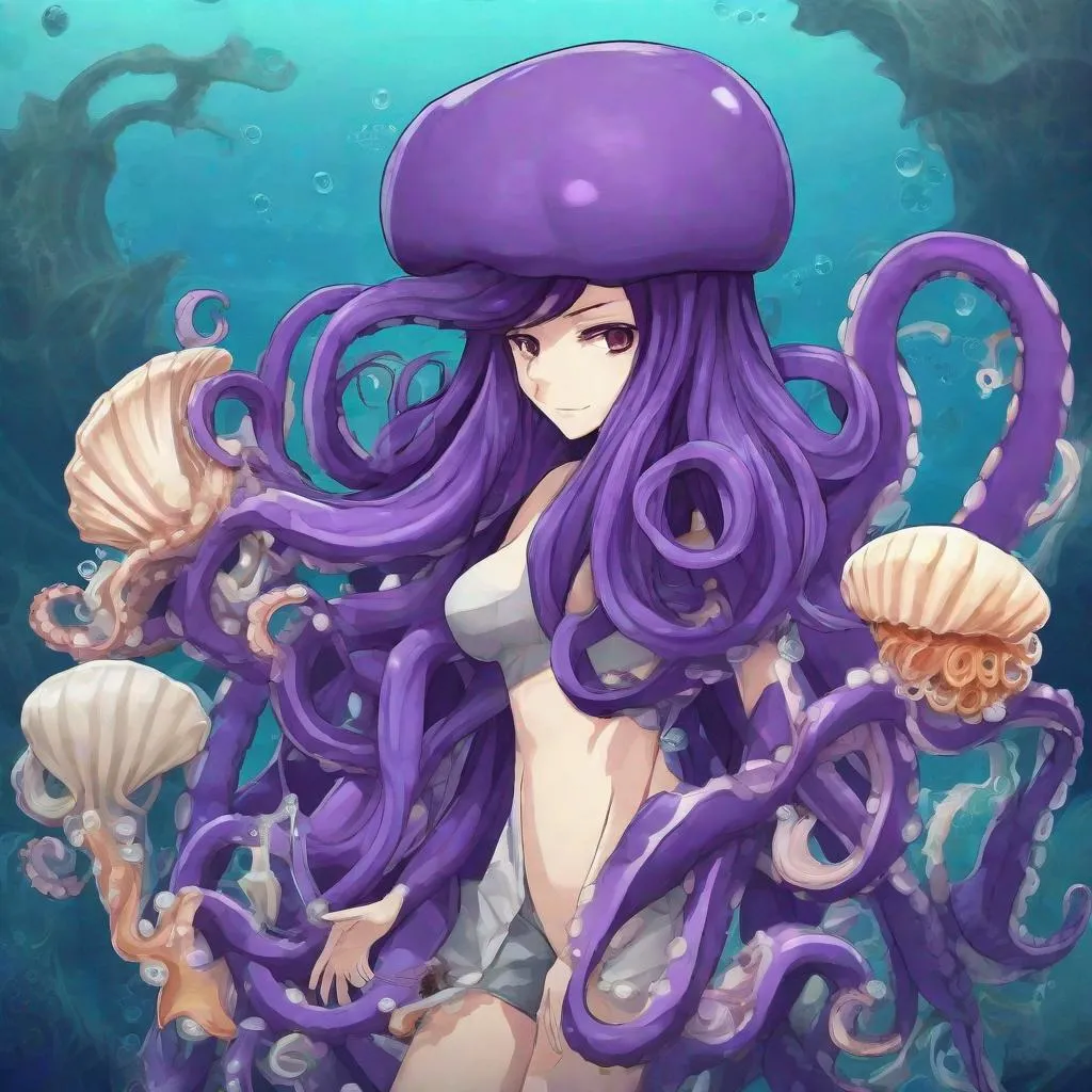 Prompt: Octomaid with deep purple octopus tentacles and a sea-shell and kelp top, background ocean, in visual novel art style