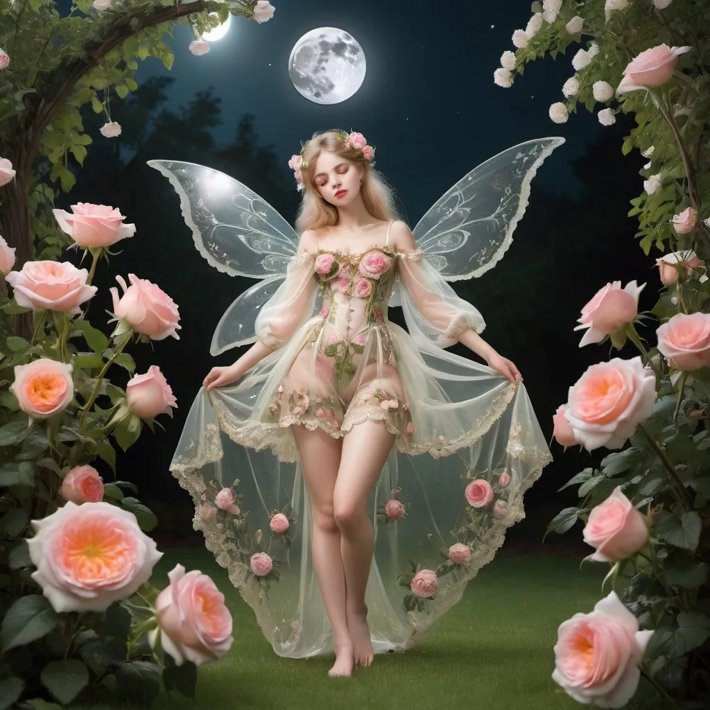 Prompt: ((in the style of Baroque artists))б dew pretty garden fairy found the moon on the lawn in her flowering roses garden,  transparent clothes