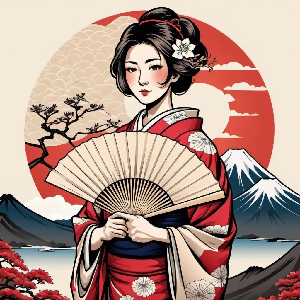 Prompt: A Japanese woman holds a large fan, against the backdrop of Fuji, fully in the frame, vector, tattoo style, art botanical, old school style, on a sheet of paper