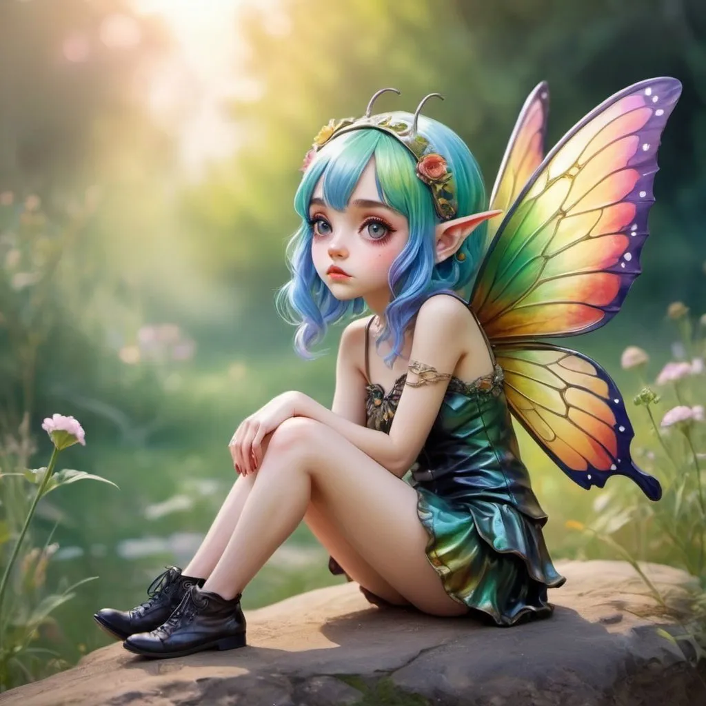 Prompt: jewel beetle,,3D EFFECT,3DS MAX, ART NOUVEAU,(masterpiece, best quality:1.4), super fine concept art, inspired by Atelie Marie | Soft impressionism | romanticism | symbolist paintings | fantasy, eye-catching, watercolor and ink, alocohol ink, solarizing master, meticulous details, hyperrealistic, cute kawaii decora chan gnome girl with mixed color hair and pointy elf ears sitting in tension by Turner | John Singer Sargent, anime-inspired charming character, beautiful detailed facial expressions, meticulous detailed expressive eyes, captivating gaze, gradation, side view, full body, ,Watercolor illustration featuring a double exposure of a summer sunset with a solitary figure facing the front, by Squal92i.