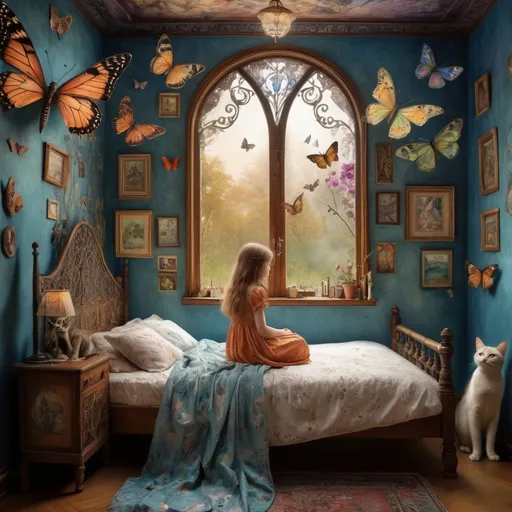 Prompt:  A lovely beautiful girl in magical fantastic bedroom with whimsical animals , cats,  butterflies and art by Florence Harrison, Yulia Brodskaya, catrin Welz Stein, Rosalba Carriera, pol Ledent, Doug Chinnery, Maud Lewis, Valerie Hegarty, Endre Penovac, Justin Gaffrey. inlay, watercolors and ink, beautiful, fantastic view, extremely detailed, intricate, best quality, highest definition, rich colours. intricate beautiful dynamic lighting award winning fantastic view ultra detailed 4K 3D high definition hdr 