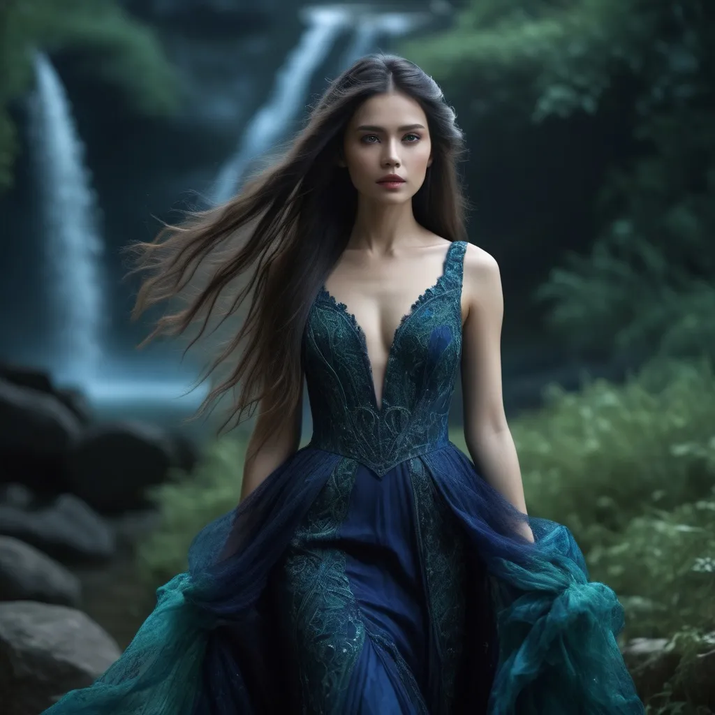 Prompt: Woman, dark makeup, fantasy, long fluffy intricate dark dress, very long hair, indigo blue, teal, green, black, white, random scenery on background, High quality, 8k, high detail, , Cinematic shot, photos taken by sony, incredibly detailed, sharpen, details, professional lighting, photography lighting, 100m