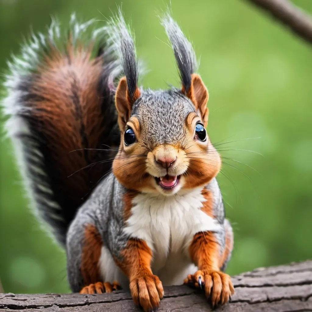 Prompt: Big-eyed cheerful squirrel with black wavy hair