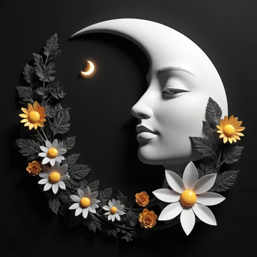 Prompt: abstract 3D shape half sun half moon, foliage and flowers incorporated, light emitting, black background