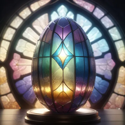 Prompt: Through high definition CG, shimmering stained glass egg, hyper detailed, hyper realistic, sparkling, jewel, shimmering glass egg, symmetrical, ,gentle sunlight,  beautiful and dreamy,Lightning, Lightning,Light Effects, 8K, Ultra HD, Blizzard style art trends,Luminous fog luminous ，volume lightVolumetric light