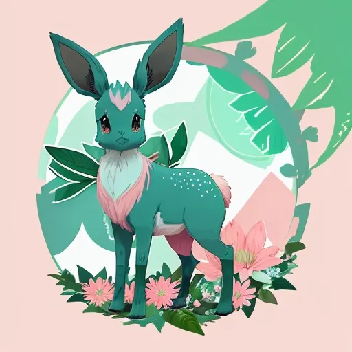 Prompt: Teal colored eevee with a large pink with white spotted flower growing out of their back with jagged leaves and green vines that wrap around everything, background jungle, masterpiece, best quality