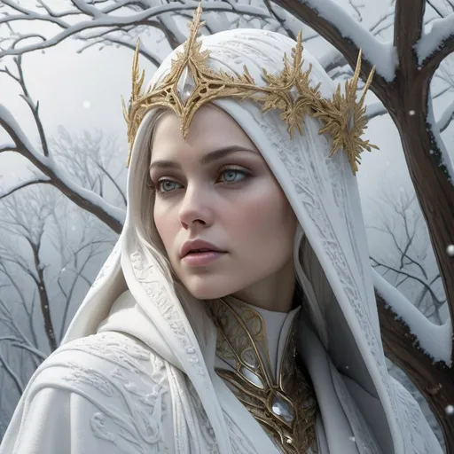 Prompt: Close Up Winter Snow Queen  Side of Face with White Robe, with Lots of snow  Trees and snowflakes.., sf, intricate artwork masterpiece, ominous, matte painting movie poster, golden ratio, trending on cgsociety, intricate, epic, trending on artstation, by artgerm, h. r. giger and beksinski, highly detailed, vibrant, production cinematic character render, ultra high quality model