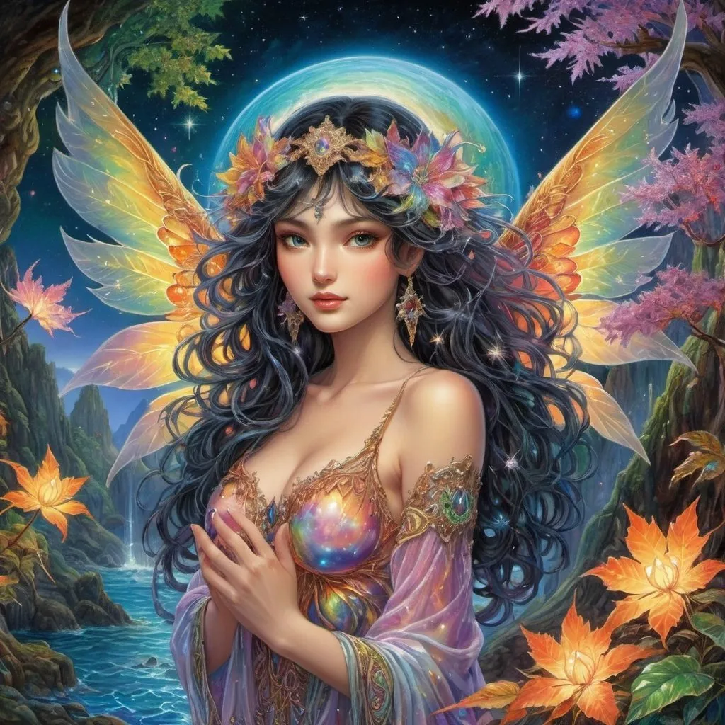Prompt: Kinuko y craft josephine wall Victoria secret fairy with long colorful glowing wings floating  black hair radiating glowing light glowing dust glowing crystal flowers lots of colorful planets and stars milky way ocean sea pink orange yellow sunset colorful forest lots of Japanese maple trees lots of colorful glowing flowers lots of glowing crystals emeralds and shining gems cave entrance two very long colorful wings