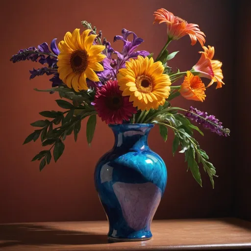 Prompt: Flower Vase Still Life JeweHyperrealistic, splash art, concept art, mid shot, intricately detailed, color depth, dramatic, 2/3 face angle, side light, colorful backgroundl, 